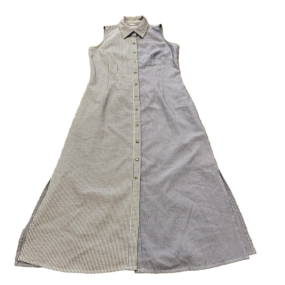 Tahari Women‎ 6 Dress Midi A-line Button Down Sleeveless Striped Blue